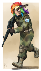 Size: 906x1547 | Tagged: safe, artist:hazurasinner, derpibooru import, rainbow dash, human, ar15, bandana, camouflage, clothes, combat, eye black (makeup), face paint, gun, humanized, m4a1, military, no trigger discipline, rifle, solo, uniform