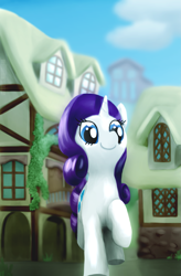 Size: 1357x2065 | Tagged: safe, artist:mgmax, rarity, pony, unicorn, cloud, happy, raised hoof, scenery, smiling, solo, town, walking