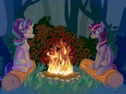 Size: 2560x1930 | Tagged: safe, artist:gorchitsa, starlight glimmer, twilight sparkle, twilight sparkle (alicorn), alicorn, pony, unicorn, campfire, duo, forest, log, night, sitting