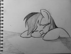 Size: 1024x768 | Tagged: safe, artist:s.guri, derpibooru import, rainbow dash, pegasus, pony, canterlot boutique, boutique depression, monochrome, original, solo, traditional art