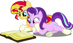 Size: 2653x1563 | Tagged: safe, artist:elsia-pony, artist:slb94, edit, editor:slayerbvc, starlight glimmer, sunset shimmer, unicorn, equestria girls, book, cute, female, glimmerbetes, hooves on cheeks, mare, ponies wearing sunburst's socks, prone, reading, shimmerbetes, simple background, socks (coat marking), transparent background, underhoof, vector, vector edit