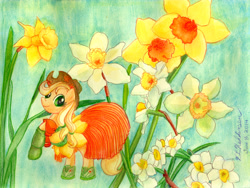 Size: 3541x2667 | Tagged: safe, artist:kelseyleah, applejack, earth pony, pony, clothes, dress, flower, solo, traditional art