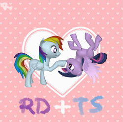 Size: 893x882 | Tagged: safe, artist:reterica, derpibooru import, rainbow dash, twilight sparkle, twilight sparkle (alicorn), alicorn, pegasus, pony, 3d, 3d model, boop, female, heart, lesbian, missing cutie mark, shipping, text, twidash, wings