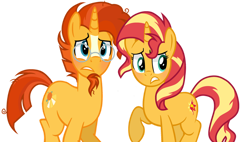 Size: 1024x582 | Tagged: safe, artist:amelia-bases, artist:winter-scarf, sunburst, sunset shimmer, pony, unicorn, base used, blushing, facial hair, female, glasses, goatee, headcanon, male, mare, missing accessory, one hoof raised, similarities, simple background, stallion, sunny siblings, transparent background