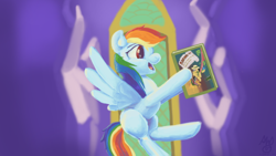 Size: 1024x576 | Tagged: safe, artist:penny-wren, derpibooru import, daring do, rainbow dash, pegasus, pony, excited, happy, sapphirestone, solo