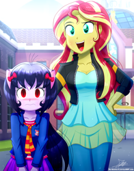 Size: 1220x1560 | Tagged: safe, artist:the-butch-x, sunset shimmer, oc, oc:cassey, equestria girls, breasts, clothes, commission, crystal prep academy, duo, open mouth, pants, shy