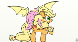 Size: 1024x555 | Tagged: safe, artist:arcuswind, applejack, fluttershy, earth pony, pony, biting, blood, butt bite, eyes closed, female, flutterbat, flutterbat biting applejack, hatless, literal butthurt, mare, missing accessory, pain, raised hoof, simple background, spread wings, surprised