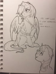 Size: 2448x3264 | Tagged: safe, artist:silentwulv, rarity, oc, pegasus, pony, unicorn, baka, clothes, heart eyes, monochrome, schoolgirl, traditional art, tsundere, wingding eyes