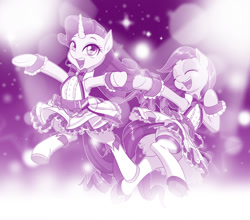 Size: 1135x1000 | Tagged: safe, artist:dstears, coloratura, rarity, earth pony, pony, unicorn, bipedal, clothes, crossover, cute, dancing, eyes closed, female, idol, lapis re:lights, mare, microphone, monochrome, purple, rarabetes, raribetes, singing, skirt, stockings, thigh highs