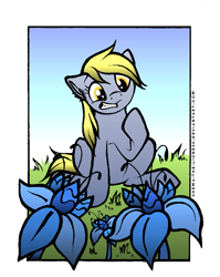 Size: 805x1010 | Tagged: safe, artist:shema-the-lioness, artist:shemalioness, derpy hooves, pony, female, inktober, mare, poison joke, raised hoof, sitting, solo, underp, worried