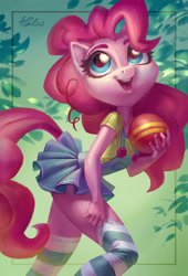 Size: 1771x2598 | Tagged: safe, artist:holivi, pinkie pie, anthro, earth pony, ball, clothes, cute, diapinkes, female, high res, socks, solo, stockings, striped socks, thigh highs