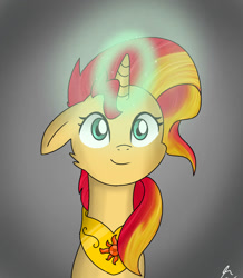 Size: 835x957 | Tagged: safe, artist:winter-scarf, sunset shimmer, pony, unicorn, element of forgiveness, female, floppy ears, forgiveness, gray background, magic, mare, simple background, smiling, solo, telekinesis