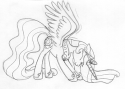 Size: 1063x755 | Tagged: safe, artist:slash-sun-slash, princess celestia, alicorn, pony, monochrome, solo, stretching, traditional art