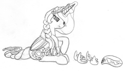 Size: 1153x659 | Tagged: safe, artist:slash-sun-slash, princess celestia, alicorn, pony, alternate hairstyle, braid, glowing horn, magic, monochrome, solo, telekinesis, traditional art