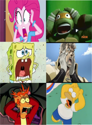 Size: 1024x1391 | Tagged: safe, edit, edited screencap, screencap, pinkie pie, equestria girls, barely pony related, comparison, futurama, homer simpson, i'm with stupid, jojo's bizarre adventure, joseph joestar, michelangelo, obligatory pony, oh no, philip j. fry, screaming, screaming pictures thread, spongebob squarepants, stardust crusaders, teenage mutant ninja turtles, the simpsons