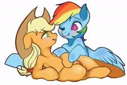 Size: 1994x1330 | Tagged: safe, artist:theprince, derpibooru import, applejack, rainbow dash, earth pony, pegasus, pony, appledash, cowboy hat, female, hat, heart eyes, lesbian, mare, shipping, simple background, smiling, stetson, white background, wingding eyes