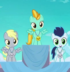 Size: 396x405 | Tagged: safe, screencap, derpy hooves, lightning dust, soarin', pegasus, pony, parental glideance, colt soarin', cropped, cute, derpabetes, dustabetes, female, filly, filly derpy, filly lightning dust, flashback, folded wings, gold medal, open mouth, silver medal, smiling, soarinbetes, spread wings, trio, younger