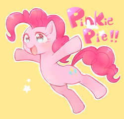 Size: 1559x1502 | Tagged: safe, artist:merryyy87, pinkie pie, earth pony, pony, blushing, cute, diapinkes, female, mare, open mouth, pixiv, simple background, solo, stars, yellow background