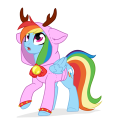 Size: 2161x2347 | Tagged: safe, artist:cloud-fly, artist:rioshi, derpibooru import, rainbow dash, pegasus, pony, base used, bell, clothes, costume, female, hoodie, kigurumi, mare, never doubt blaa6 involvement, open mouth, simple background, solo, white background, ych result