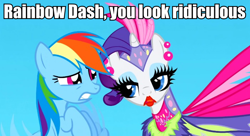 Size: 700x380 | Tagged: safe, derpibooru import, screencap, rainbow dash, rarity, pegasus, pony, unicorn, sonic rainboom (episode), image macro, lipstick, meme