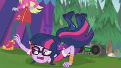 Size: 1920x1080 | Tagged: safe, screencap, derpy hooves, sci-twi, twilight sparkle, better together, choose your own ending, equestria girls, the road less scheduled, boombox, falling, female, geode of telekinesis, glasses, magical geodes, music festival outfit, open mouth, outdoors, ponytail