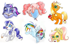 Size: 1024x643 | Tagged: safe, artist:zaphy1415926, derpibooru import, applejack, fluttershy, pinkie pie, rainbow dash, rarity, twilight sparkle, earth pony, ladybug, pegasus, pony, unicorn, apple, balloon, book, cute, dirty, eyes closed, female, filly, floating, floppy ears, freckles, lasso, mane six, muddy hooves, obligatory apple, rope, simple background, then watch her balloons lift her up to the sky, white background
