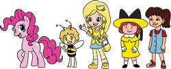 Size: 450x181 | Tagged: safe, pinkie pie, anthro, bee, earth pony, human, insect, pony, andrea libman, dragon tales, emmy, female, lemon meringue (strawberry shortcake), madeline, mare, maya the bee, strawberry shortcake, voice actor joke