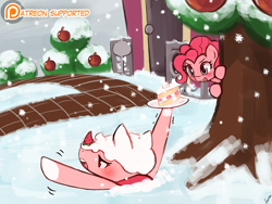 Size: 950x713 | Tagged: safe, artist:lumineko, pinkie pie, earth pony, pony, animal crossing, animal crossing: new leaf, cake, crossover, explicit source, patreon, snow, snowfall, stuck