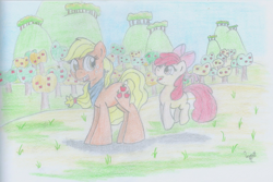 Size: 1024x686 | Tagged: safe, artist:applefan-wyatt, apple bloom, applejack, earth pony, pony, female, mare, traditional art