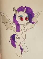 Size: 1439x1969 | Tagged: safe, artist:iffoundreturntorarity, rarity, alicorn, bat pony, bat pony alicorn, pony, undead, vampire, vampony, alicornified, bat ponified, flying, race swap, raribat, raricorn, solo, traditional art