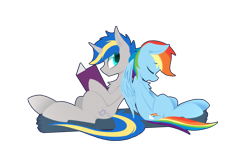 Size: 2600x1600 | Tagged: safe, artist:l8lhh8086, derpibooru import, rainbow dash, oc, oc:dopami korpela, pegasus, pony, back to back, book, canon x oc, dopadash, female, male, shipping, simple background, sleeping, straight, transparent background