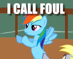 Size: 400x321 | Tagged: safe, edit, edited screencap, screencap, derpy hooves, rainbow dash, pegasus, pony, the last roundup, caption, cropped, image macro, referee, solo focus, text