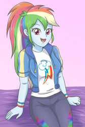 Size: 1878x2790 | Tagged: safe, artist:sumin6301, derpibooru import, rainbow dash, better together, equestria girls, clothes, female, shirt, simple background, sitting, smiling, solo