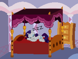 Size: 600x450 | Tagged: safe, artist:rocketsex, rarity, pony, unicorn, bed, carousel boutique, pixel art, sleeping, solo, zzz