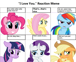 Size: 947x774 | Tagged: safe, derpibooru import, applejack, fluttershy, pinkie pie, rainbow dash, rarity, twilight sparkle, earth pony, pegasus, pony, unicorn, 6 pony meme, blushing, exploitable meme, i love you, mane six, meme, one of these things is not like the others, smiling, text, tsunderainbow, tsundere, uh uh uh