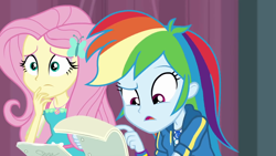 Size: 1280x720 | Tagged: safe, derpibooru import, screencap, fluttershy, rainbow dash, better together, equestria girls, stressed in show, animation error, geode of fauna, geode of super speed, magical geodes, reading, what the fuck am i reading