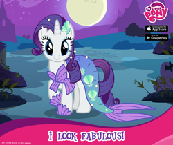 Size: 940x788 | Tagged: safe, screencap, rarity, mermaid, pony, captain obvious, clothes, costume, fabulous, gameloft, mermarity, my little pony logo, nightmare night costume, official, solo