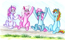 Size: 2091x1279 | Tagged: safe, artist:animagicworld, derpibooru import, minty, pinkie pie, rainbow dash, rainbow dash (g3), wysteria, earth pony, pony, g3, hoofbump, traditional art