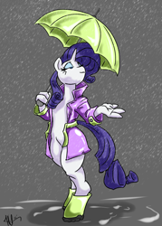 Size: 1500x2094 | Tagged: safe, artist:bastianmage, rarity, anthro, unguligrade anthro, barbie doll anatomy, galoshes, rain, raincoat, solo, umbrella