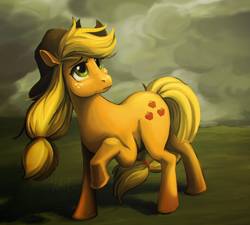 Size: 1000x900 | Tagged: safe, artist:lachtaube, applejack, earth pony, pony, looking back, looking up, raised hoof, solo, worried