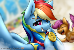 Size: 1280x861 | Tagged: safe, artist:northernsprint, derpibooru import, rainbow dash, scootaloo, pegasus, pony, blurry, cloud, cloudsdale, cloudy, eyes closed, flying, grin, incoming hug, looking at you, medal, open mouth, patreon, scootaloo can fly, selfie, smiling, smirk, spread wings, wonderbolt trainee uniform