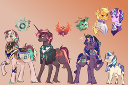 Size: 3000x2000 | Tagged: safe, artist:bunnari, applejack, starlight glimmer, oc, oc:crescenta, oc:crimson charm, oc:darkwood, oc:forest fae, oc:stardust tale, earth pony, pony, unicorn, clothes, colt, female, magical lesbian spawn, male, mare, offspring, parent:applejack, parent:starlight glimmer, parents:glimmerjack, stallion