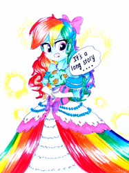 Size: 774x1033 | Tagged: safe, artist:liaaqila, derpibooru import, rainbow dash, equestria girls, clothes, dialogue, dress, female, rainbow dash always dresses in style, simple background, solo, traditional art, white background