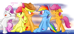 Size: 1280x595 | Tagged: safe, artist:death-is-death, derpibooru import, apple bloom, applejack, rainbow dash, scootaloo, sweetie belle, earth pony, pegasus, pony, appledash, blushing, cutie mark crusaders, embarrassed, female, forced shipping, lesbian, now kiss, shipper on deck, shipping