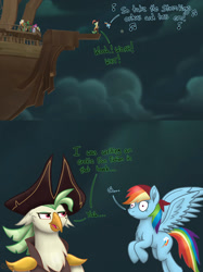 Size: 1280x1707 | Tagged: safe, artist:serenepony, derpibooru import, captain celaeno, rainbow dash, pegasus, pony, my little pony: the movie, awkward, book, female, hooves, humor, joke, mare, raised hoof, sorry attempt at humor, you dun goofed