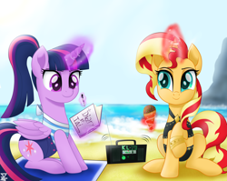 Size: 6900x5500 | Tagged: safe, artist:theretroart88, sunset shimmer, twilight sparkle, twilight sparkle (alicorn), alicorn, pony, unicorn, better together, equestria girls, absurd resolution, beach, boombox, clothes, clothes swap, dessert, equestria girls outfit, equestria girls ponified, food, ice cream, levitation, magic, ocean, pen, ponified, radio, raised hoof, sand, sitting, smiling, swimsuit, telekinesis