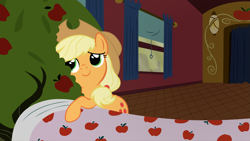 Size: 6521x3667 | Tagged: safe, artist:dinoboted, applejack, bloomberg, earth pony, pony, over a barrel, apple, apple tree, bed, blanket, female, food, hug, mare, that pony sure does love apples, train, tree, vector
