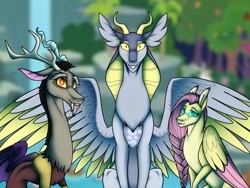 Size: 1032x774 | Tagged: safe, artist:radioactivepotato123, derpy hooves, discord, fluttershy, draconequus, pegasus, pony, colored wings, colored wingtips, draconequified, female, male, mare, smiling, species swap, sweet feather sanctuary, trio