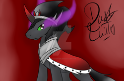 Size: 1024x666 | Tagged: safe, artist:debadgerter, derpibooru import, king sombra, pony, unicorn, black mane, male, sharp teeth, solo, sombra eyes, stallion