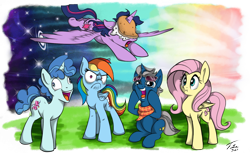 Size: 1024x628 | Tagged: safe, artist:tsitra360, artist:zeepaarden, derpibooru import, fluttershy, party favor, rainbow dash, twilight sparkle, twilight sparkle (alicorn), alicorn, pegasus, pony, canterlot boutique, castle sweet castle, make new friends but keep discord, season 5, tanks for the memories, the cutie map, :i, colored, crossing the memes, do i look angry, faic, fashion plate, fashion reaction, female, flying, frown, i didn't listen, i'm pancake, lineart, mare, meme, pancakes, we bought two cakes